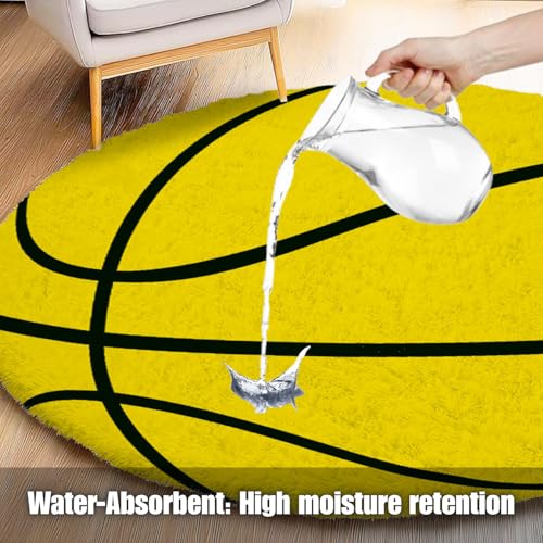 Image of Modern Shaggy Round Rug | Ultra-Soft Plush Circle Carpet for Living Room, Bedroom, Nursery | Fuzzy, Fluffy Area Rug with Non-Slip Base Yellow Ball 7x7 feet