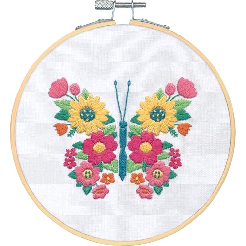 Image of Dimensions 72-70389 Butterfly Embroidery Needlepoint Kit for Beginners, 6 inch Diameter Hoop, Multicolor, 5 Pieces