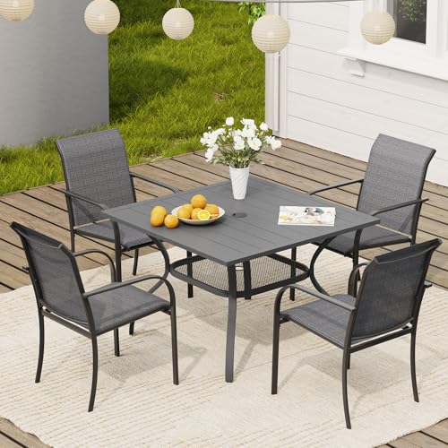 Image of VICLLAX Outdoor Patio Dining Table for 4, Square Patio Table with Umbrella Hole for Patio Lawn Deck Backyard, Dark Grey Tabletop