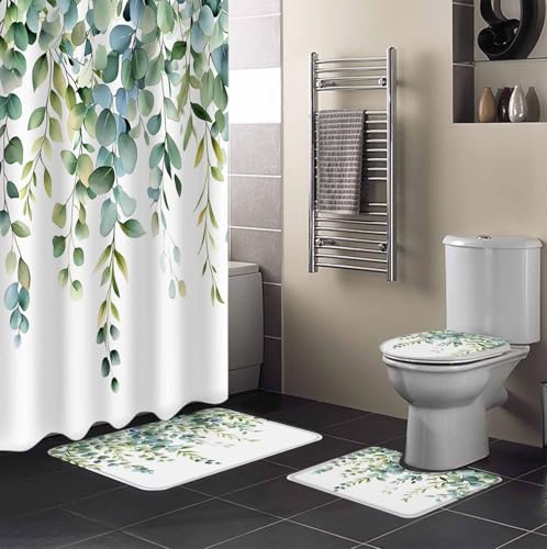 Eucalyptus Green Bathroom Set with Shower Curtain and Rug Accessories - 36x72 Inches Long Gradient Leaves Retro Watercolor Plant Stall Curtain Waterproof with Large Bath Mat,Washable Runner Rug Set