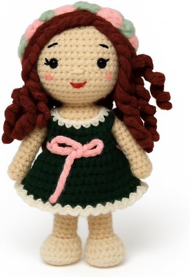 Sutra Handmade Crochet Doll in Green Dress with Pink Bow – Amigurumi Soft Toy with Floral Hat, Cute Collectible Gift for Girls & Home Decor