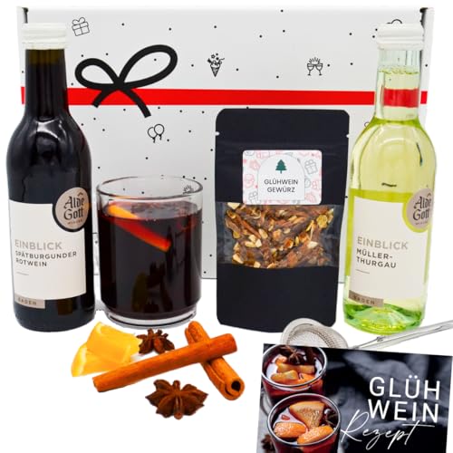 Geschenkset „Glühwein Tasting“ | DIY-Geschenk Set mit 2x Winzer Wein, Tasse, Glüh-Gewürzen, Sieb & Rezeptkarte zum Selber machen