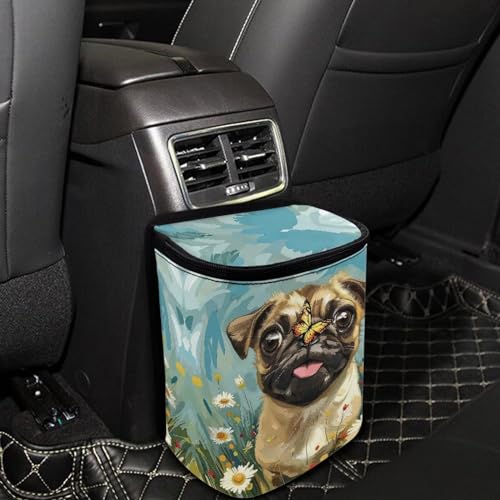 Image of Talayituse Pug Dog Daisy Butterfly Print Car Trash Can with Adjustable Straps, Foldable Car Trash Bag Bin Car Garbage Bag Multipurpose Storage Box for Vehicle Travel Camping Picnicing