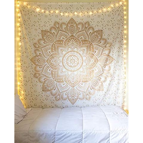Golden Hippie Mandala Bohemian Taepstry Wall Hanging - Passion Ombre Indian Metalic Wall Art, Hippy Wall Dorm Room Bedroom Decor Beding Bedspread 84"x90", 215x230cms Cover