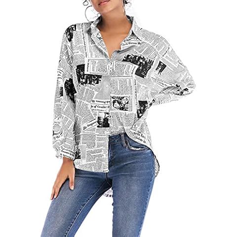 DarkCom Newspaper Print Shirt Women Long Sleeve Lapel Neck Loose Button Down Tshirt Top Black Cover