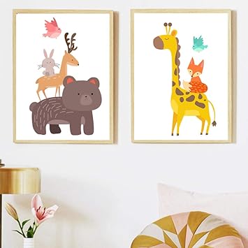 Amazon Co Jp Qzhscybかわいいクマキリンキリン鹿ウサギ動物北欧のポスターとプリントウォールアートキャンバス絵画子供のための壁の写真部屋の装飾 60x80cm 23x31inchx2フレームなし ホーム キッチン