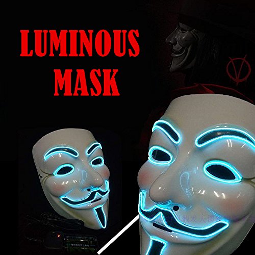 ELINKUME Halloween Cosplay LED Luminous Mask V Ghost Step Dance Necessary Props Vendetta Replica Resin Mask (Cool Blue Light?2 Modes)