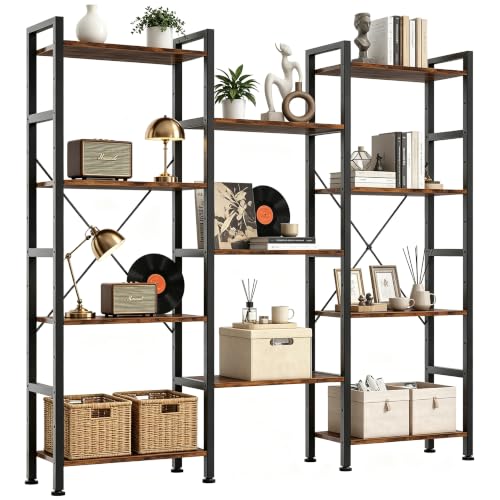 Image of HealSmart Triple Column 4 Tier Bookshelf, Industrial Bookcase with 11 Open Display Adjustable Shelves, Wide Convertible Display Modern Bookshelf for Living Room & Home Office, Brown