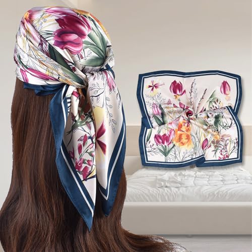 Trendy Printed Flower Scarf for Women - Career Neck Simulation Silk Scarves Bandanas for Women Hair Wrap Sleeping