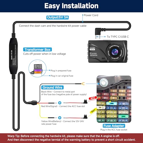 Image of Upgraded Dash Cam Hardwire Kit, Type-C USB 3-Lead Hard Wire Kit 12V-24V to 5V Hardwire Kit with Low Voltage Protection 11.5ft Charger Power Cord for GPS Dashcam Radar Detectors