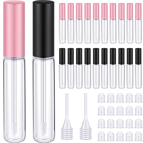 20 Pieces 10ml Lip Gloss Tubes Empty Lip Gloss Containers Clear Lip Balm Bottle with Rubber Stoppers and 2 Pieces Funnels for Women Girls DIY Tool (Black and Pink)