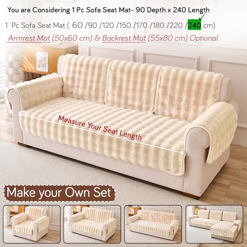 Image of HOKIPO 'FurHug' Premium Faux Fur Rabbit Sofa Cover Mats for L Shape and 1 /2 /3 Seater Sofa. Make Your Own Sofa Cover Set, Mat Length 90(D) x 240(L) cm, Beige (AR-6290-CRM)