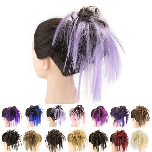 IMISSU 2PCS Messy Hair Bun Piece Updo Fake Scrunchies Extension Wavy Curly Hairpieces Ponytail Chignon Headband for Women Girls (2PCS Brown Light Purple)