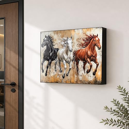 Image of Electric MCB Box Cover Frame With Hydraulic Decorative White 3 Running Horse Painting Electrical Panel box Cover, Switch Box Frame Will Fit Max 15x20 inch Switch Board, Outer Box Size 17X23 Inch