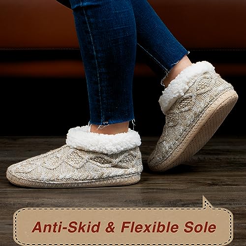 Cable Knit House Slippers for Women Indoor, Sherpa Fleece Lined Soft Loafer Shoes, Winter Warm Fluffy Bedroom Fuzzy Socks Non-slip Grippers, Cozy Gifts Unique3