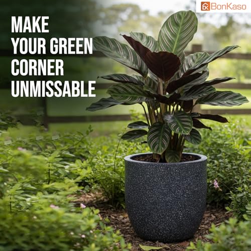 Image of BonKaso 8 Inch Jaguar Round Plant Pots | Highly Durable & Lightweight Polymer Planter for Indoor & Outdoor Use | Flower Pot (Gamla /Gamale) for Home, Office, Garden, Living Room & Balcony (Dark Grey)