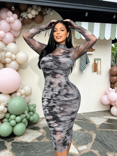 Image of MOEENCN Women's Sexy Long Sleeve Sheer Mesh Midi Bodycon Dress 2 Piece Set