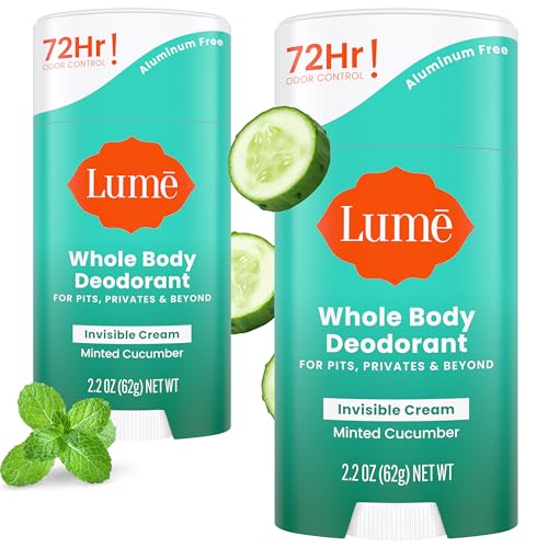 Image of Lume Whole Body Deodorant - Invisible Cream Stick - 72 Hour Odor Control - Aluminum Free, Baking Soda Free, Skin Safe - 2.2 Ounce (Pack of 2) (Minted Cucumber)