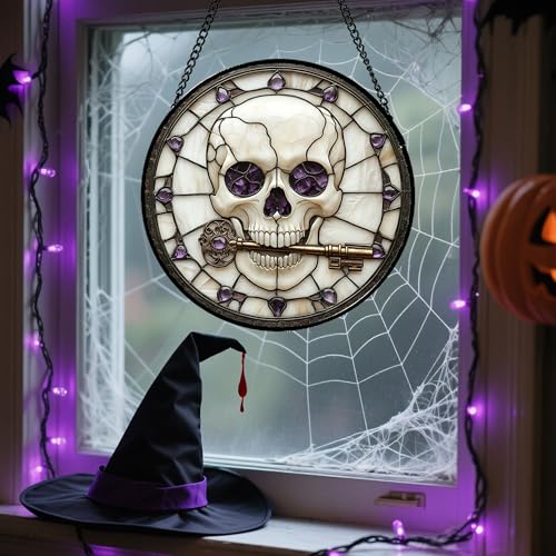 Image of Stained Glass Window Hanging - Halloween Scary Skull Suncatcher for Doors Garden Home Spooky Purple Skeleton Key Sun Catchers Gothic Decor Horror Gifts for Women Men Friend Boy Girl 6.3 in
