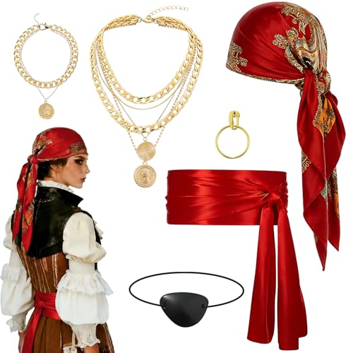 xiaoxiaozhijia Costume de pirate pour femme,Ensemble d'accessoires de pirate,Contient foulard, écharpe, cache-œil, collier, bracelet et boucles d'oreilles, parfait...