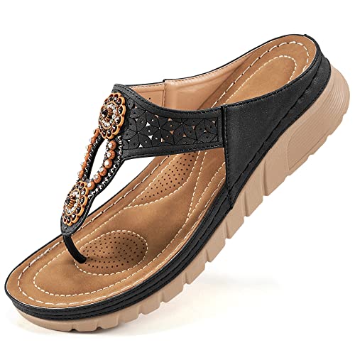 Sandals for Women Wedge Shoes: Casual Summer Comfortable Cushioned FootBed Bohemia Rhinestone Work Womens Flip Flops for Office Travel