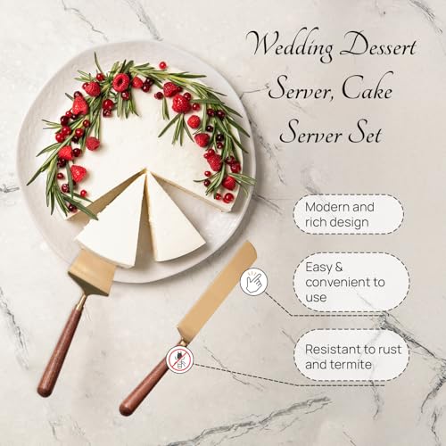 Image of nestroots Golden Finish Stainless Steel Cake Server Set of 2 | Knife & Server (9-Inch Each) with Wooden Handle | Ideal for Cake Cutting, Dessert Serving & Parties | Elegant & Durable Design