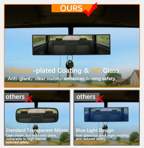 HmmtyRack Rear View Mirror, Chrome Anti-glare Panoramic Rear Mirrors Universal 14 Inch Convex Car Interior Clip on Extra Big Wide Angle Rearview Mirror Extender to Reduce Blind Spot for Car SUV Trucks