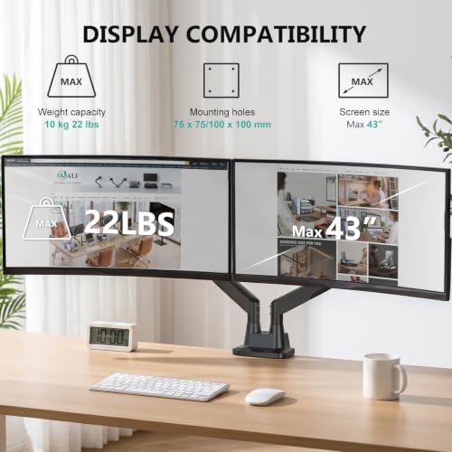 Image of WALI Adjustable Dual Monitor Arm for 13-43 inch Screens, 22 lbs per Arm | Ultrawide Monitor Arms for 2 Monitors, Full Motion with Tilt, Swivel, Rotation, C-Clamp /Grommet, VESA 75 /100mm (GSM002XLN)