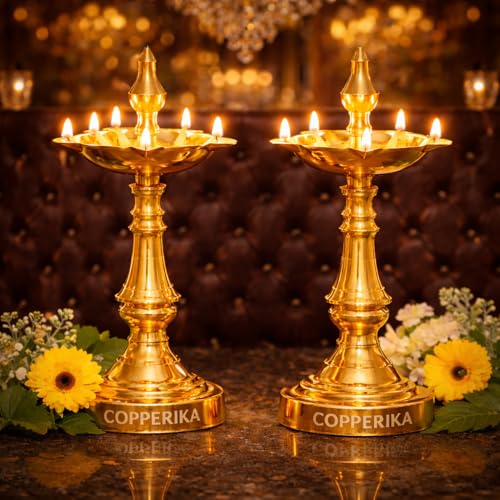 Image of Premium Brass Diya Kerala Samai 10 Inch (Set of 2)|Traditional Oil Lamp Deepak Lamp Kutthu vilakku Panchmahal Deepam for Pooja Mandir Diwali Indian Puja Ganesh Chaturthi ReturnGift
