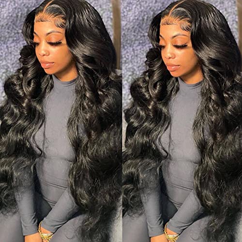 Image of ISEE Hair Transparent Body Wave Lace Front Wigs Human Hair 14 Inch 13x4 Lace Frontal Human Hair Wigs Pre Plucked for Black Women 250% Density Body Wave Wig with Baby Hair Natural Color