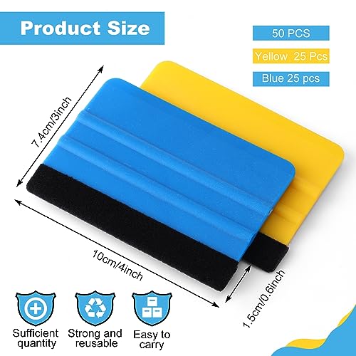 Image of Lasnten 50 Pcs Plastic Vinyl Squeegee 4 Inch Felt Edge Squeegee for Car Window Windshield Glass Cleaning Tool Vinyl Scraper Decal Applicator Tool with Black Fabric Felt Edge, Blue Yellow