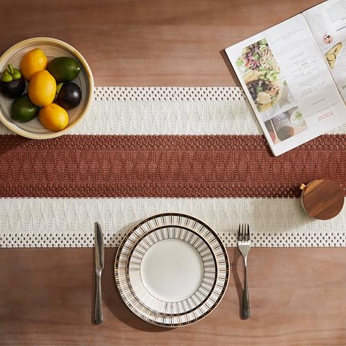 Image of ZeeMart Macrame Style Bicolor Stitching Table Runner, 14 x 72 Inch Terracota /Ivory, Boho Rust Table Runners 72 Inches Long, Farmhouse Woven Home Decor