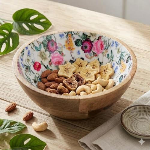 Image of SAAGA Printed Mango Wood Mixing Bowl | 8 x 2.5 Inch Large Wooden Serving Bowl for Salads, Fruits, Snacks, Curries & Desserts | Handcrafted Kitchen & Dining Bowl | Red Violet