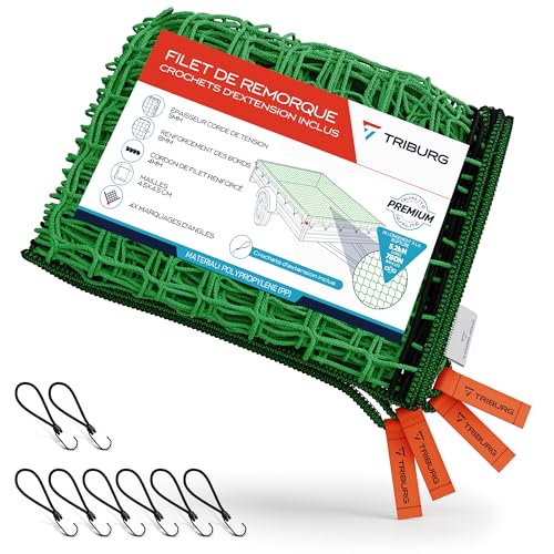 TRIBURG Filet de remorque 2x3 INCL. 8X Crochets extenseurs - Filet de remorque avec marquages des Coins et renforcement des Bords INCL. 8X tendeurs en Caoutchouc avec Crochets