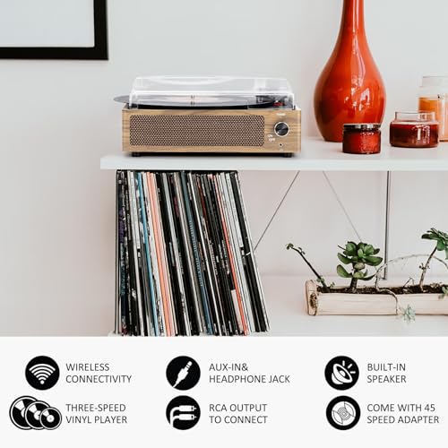 Image of Retro Vinyl Record Player with Speakers Vintage Turntable, Wooden