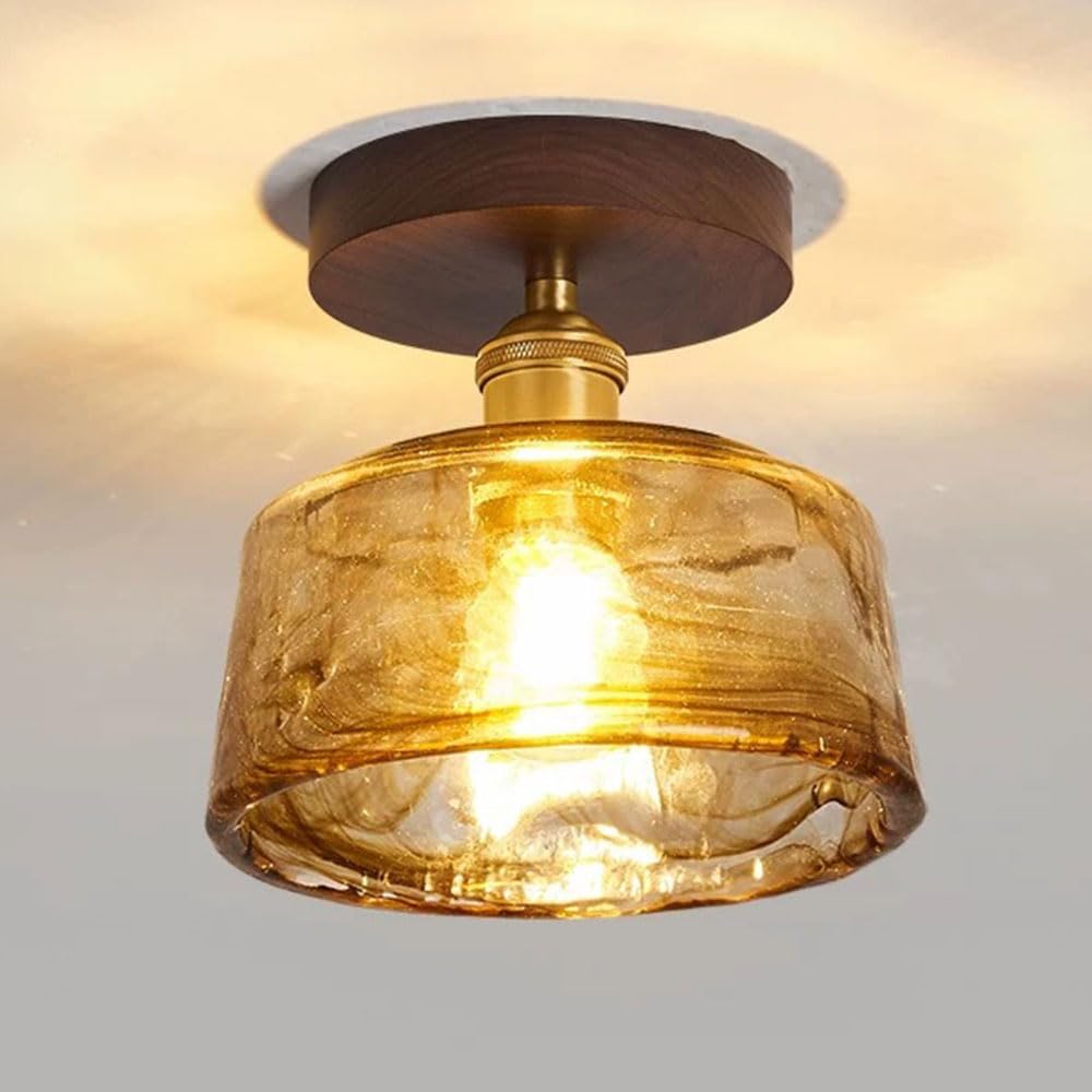 Półwpuszczana lampa sufitowa w stylu chińskim w stylu vintage z abażurem ze szkła burszowego i drewnianą ramą. Wykończenie z mosiądzu i klosz o wymiarach 16,8 cm (6,6 cala). Idealny do kuchni