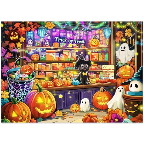 1000 Piece Halloween Witch Cat Jigsaw Puzzle for Adults, Candy Store Theme