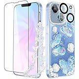 Goocrux (4in1 Case for Apple iPhone 13 3D Butterfly Clear with Design Aesthetic for Women Teen Girls Glitter Pretty Crystal Sparkle Sparkly Cute Girly Phone Cases+Chain+Camera Cover+Screen Protector