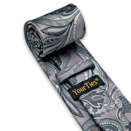 Image of YourTies Silk Paisley Floral Tie and Pocket Square Cufflinks with Lapel Pin Sets for Men 5PC Wedding Party