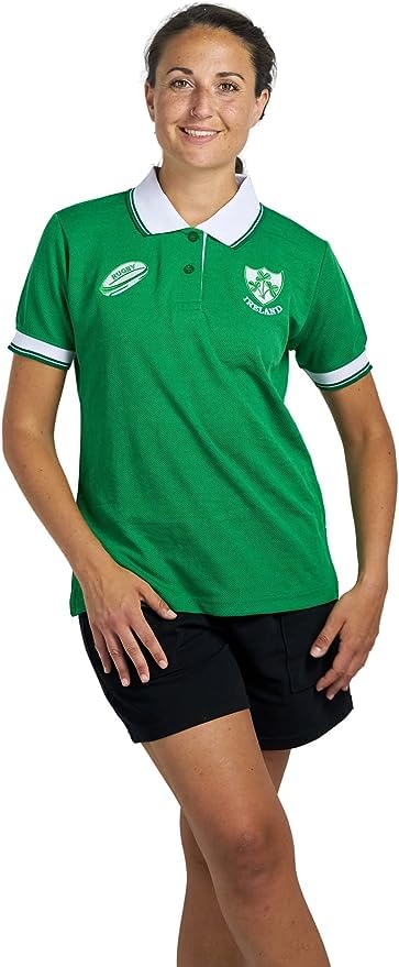 New Model UK Women Ireland Rugby Fan Supporter T Shirt Button Down Collar Style Short Sleeve Size 8-10 to 24-26 (S to XXL) (XL, Green)