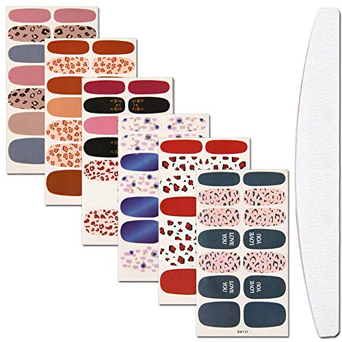 WOKOTO 6 Sheets Dotting Nail Art Polish Wraps Sticker Strips With 1Pc Nail File Leopard Print Adhesive Manicure Decal Design Kit