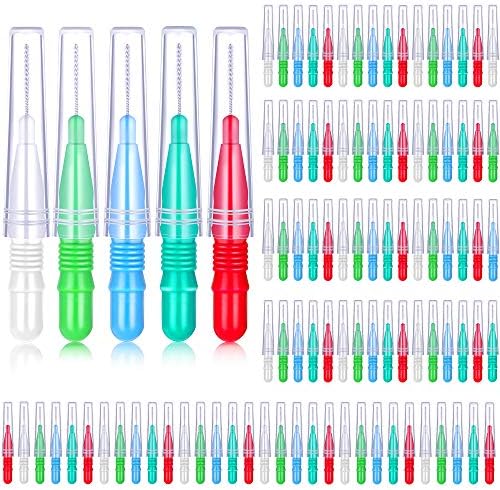 100 Pieces Braces Dental Brush Flosser for Cleaner Interdental Brush Toothpick Dental Tooth Flossing Head Oral Dental Hygiene Toothpick Cleaners Cleaning Tool (Red White Green Light Green, Light Blue)