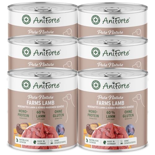 AniForte Hundefutter Nass FarmsLamb 6 x 800g – Nassfutter für Hunde, Frisches Lamm mit Gemüse & Früchten, hoher Fleischanteil, Natürliches Hundenassfutter glutenfrei