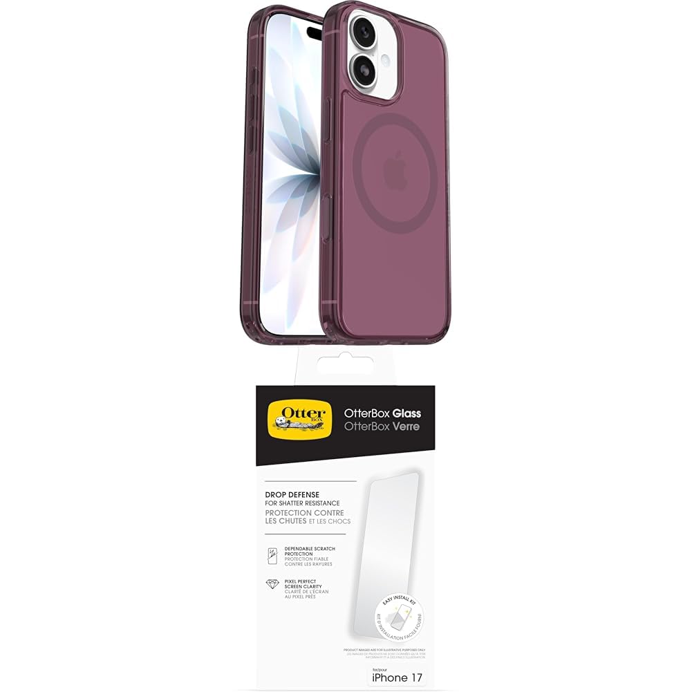 OtterBox Symmetry Series Clear MagSafe funda para iPhone 17, Testada 3x con los estándares Militares anticaídas, Transparente/Rosa + OtterBox Glass Protector de Pantalla de Cristal Templado