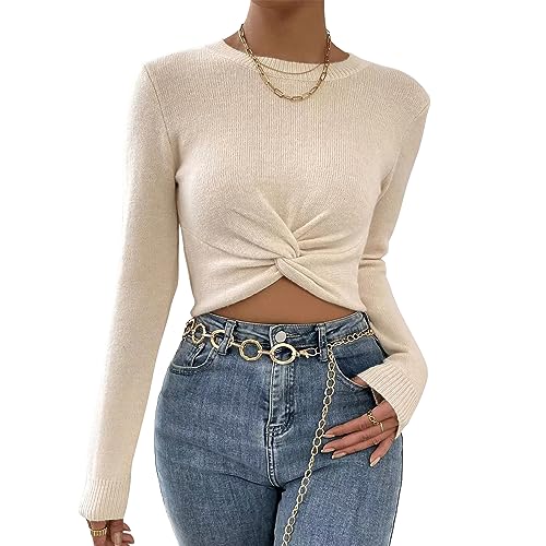 ACOSAP Women's Casual Twist Front Long Sleeve Cropped Sweater Round Neck Ruched Fitted Knitted Pullovers