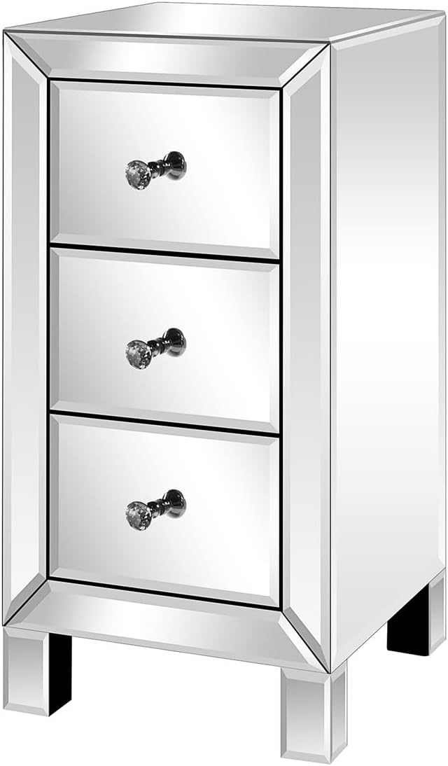 3Drawers Mirrored Nightstand, Modern Bedside Table, Silver