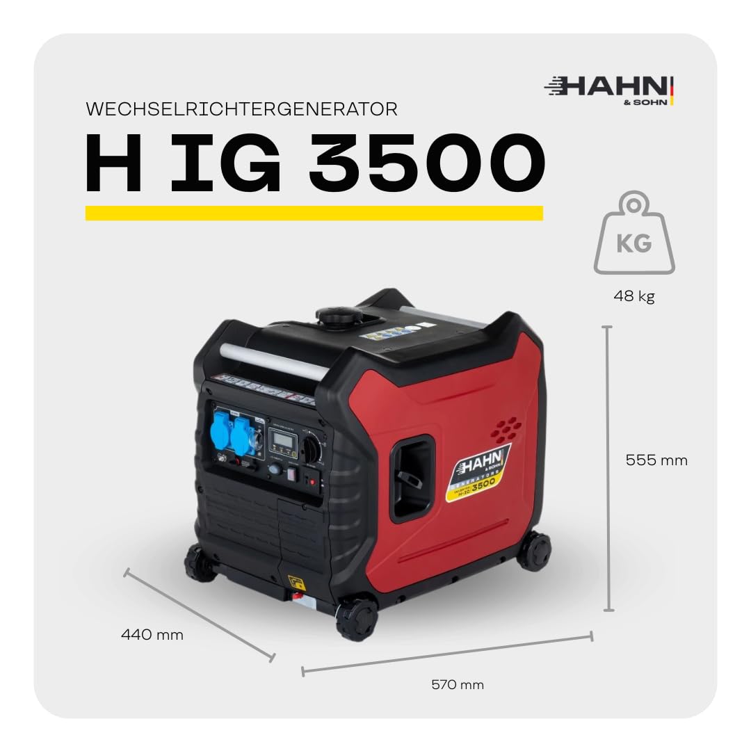 Hahn & Sohn Generador de Gasolina Inverter H IG 3500-3 kW | Silencioso con Tecnología Inverter de Energía de hasta 3 kW