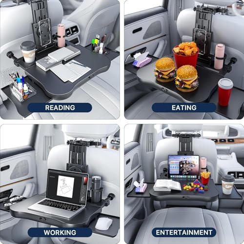 Image of Oshotto (FT-10) Multifunctional Car Backseat Laptop and Food Tray Desk with Phone Holder, Cup Holder & Storage Drawers - Adjustable Foldable Car Table for Work, Travel & Dining