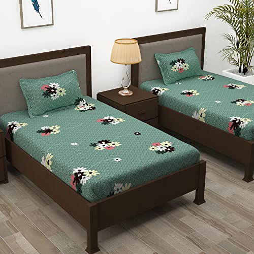 Image of Story@Home 210 TC Spark Collection Single Bedsheet Cotton Combo with 2 Pillow Covers | Light Green | Floral (Bedsheet : 145 X 225 cm & Pillow Cover : 40 X 60 cm)