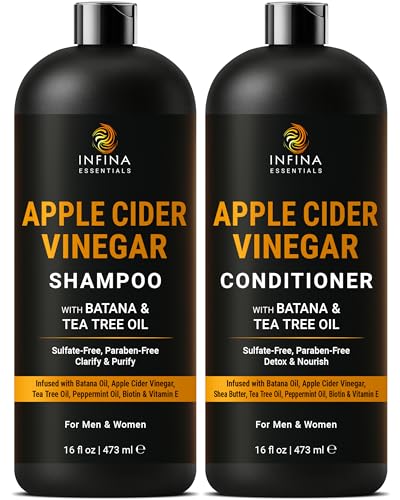 INFINA ESSENTIALS Apple Cider Vinegar Shampoo and Conditioner Set | Clarifying & Detoxifying for Oily Scalp | 16 fl oz Each | with Batana Oil Biotin & Tea Tree Oil | Men & Women | Made in USA